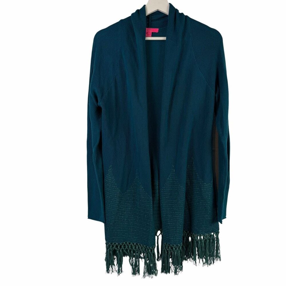Lilly Pulitzer Tatum size Medium open-front Inky Tidal cardigan fringe hem